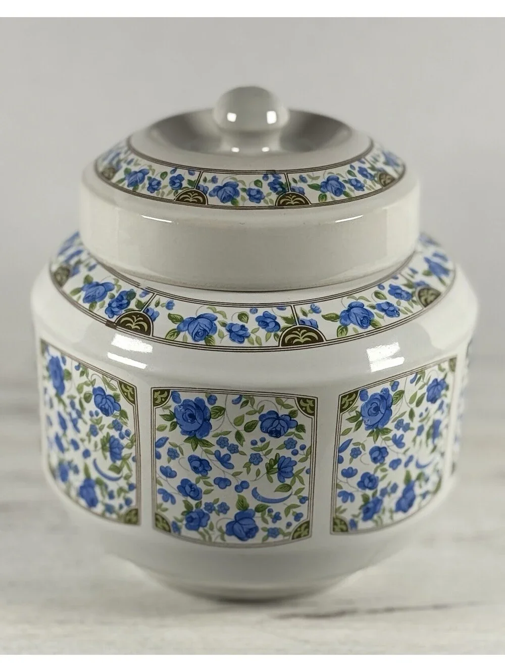 Vintage Korea Sam Bo Sambo Ceramic Tea Ginger Jar Blue Roses Floral 7
